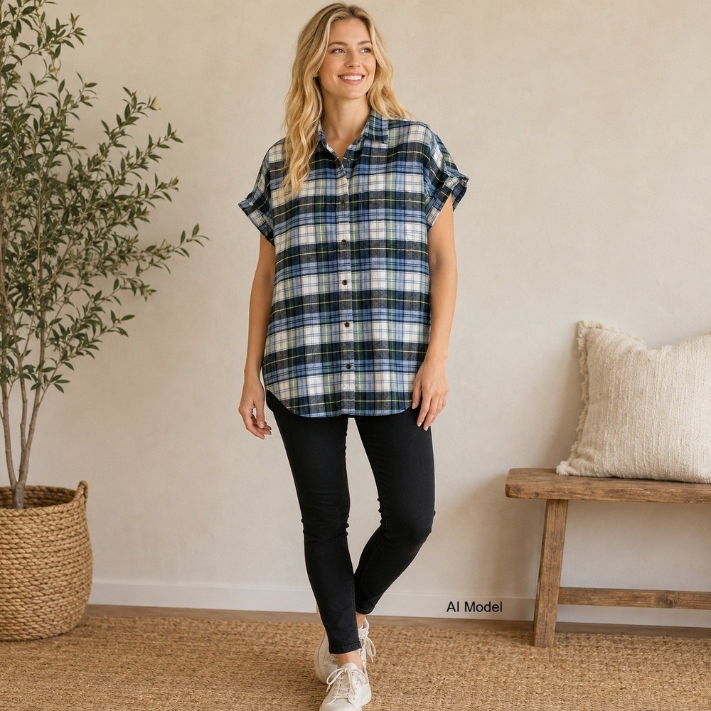 LL Bean Flannel Shirt Womens Large Plaid Blue Green Short Sleeve Layer Outdoorsy